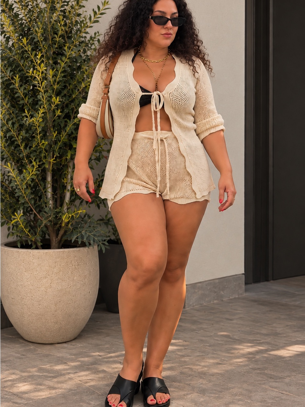 Cupshe Cream Crochet Tie-Front Cover-Up Set with Shorts